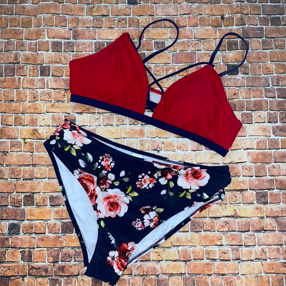 NWOT Red and Floral Bikini - Picture 1 of 6